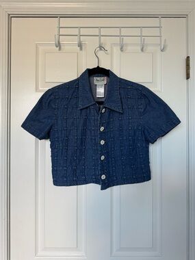 Vintage Olivia Rose Short Sleeve Button-Down Crop Shirt in Dark Denim